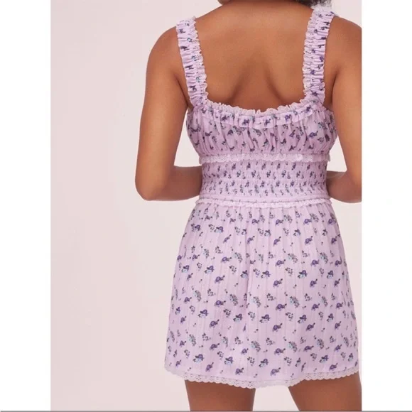 For Love and Lemons Lola Pointelle Dress purple ditsy floral baby doll dress - Picture 3 of 9